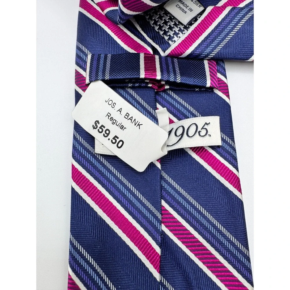 Jos A Bank 1905 Silk Striped Necktie Business Casual Navy Blue‎ Pink White - Picture 4 of 5